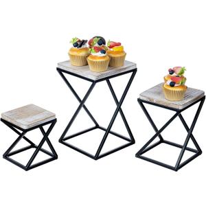MyGift Shabby White Washed Solid Wood Square Tiered Food Display Table Risers with Twisting Black Metal Base, Wooden Nesting Dessert Holder Cupcake Tray Cake Stand, 3 Piece Set