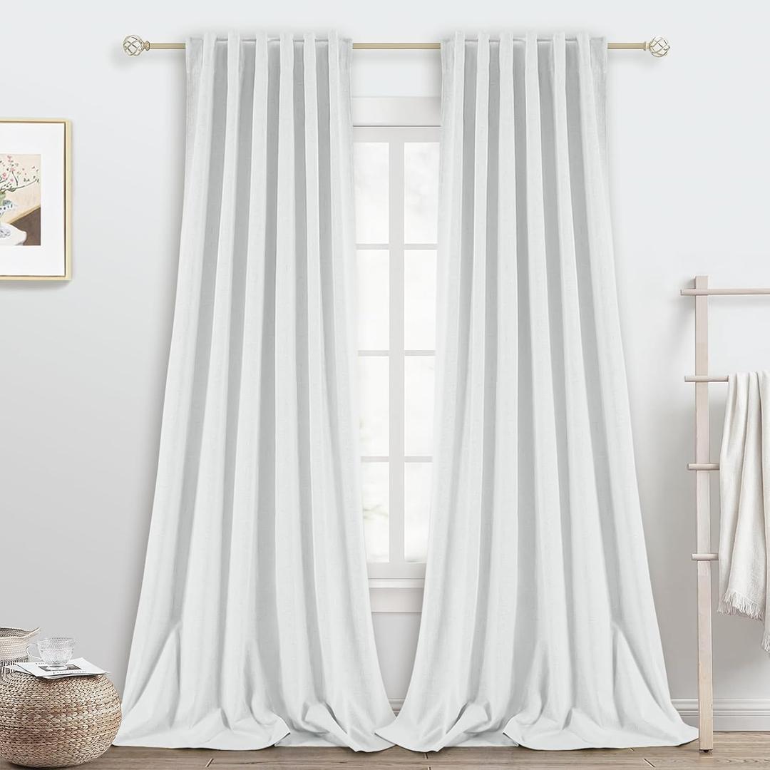 PANGSINNE 100% Linen Blackout Curtains for Bedroom 120 Inches Long, Back Tab/Rod Pocket Living Room Drapes, 10 FT Thermal Insulated Textured Blackout Curtains 2 Panels Set, 50" W x 120" L, White