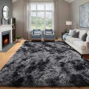 ONASAR 6x9 Area Rugs for Living Room Bedroom, Tie-Dyed Dark Grey Large Fluffy Bedside Throw Rug, Soft Plush Shaggy Fuzzy Floor Carpet for Nursery Kids Girls Boys Teen Dorm Home Decor