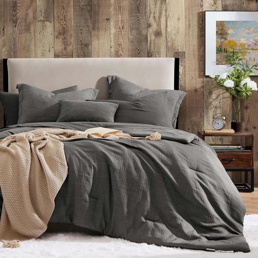 Geniospin King Size Comforter Set- 7 Piece Grey Textured King Bedding Set, Soft Solid Bed in a Bag for All Season, King Comforter Set with Sheets(Grey,102''x90'')