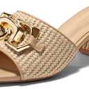 Coutgo Womens Raffia Slide Sandals Chunky Block Heeled Square Open Toe Metal Chain Slip on Mules Dressy Shoes, size 8 (Beige)