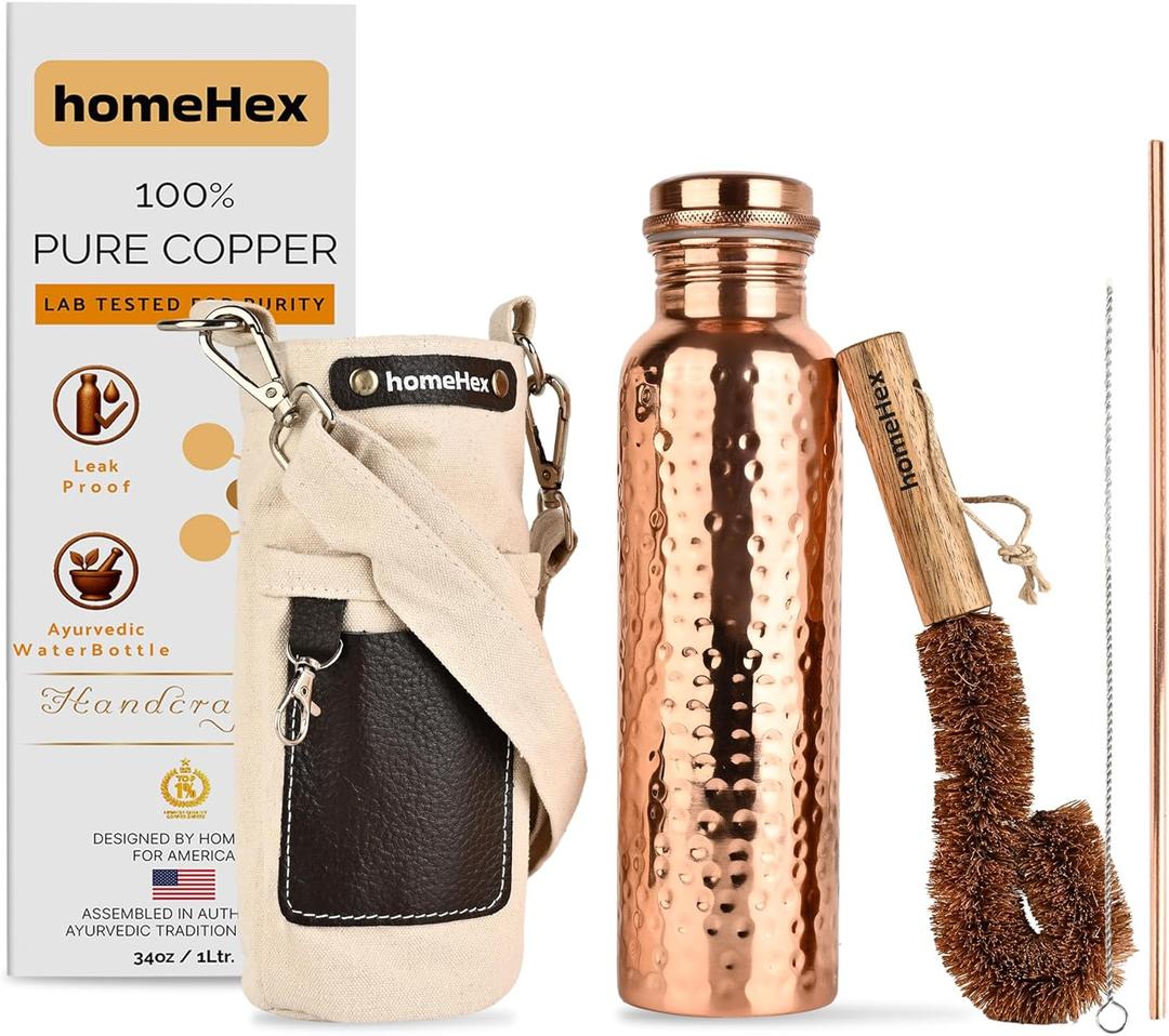 Pure Copper Water Bottle, Hammered Design, 34oz Capacity, Leak-Proof, with Carrying Bag, Straw, Cleaning Brushes for Ayurvedic Health, Hydration, Yoga, Office, Travel
