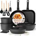 Astercook 23 Pcs Pots and Pans Set Non Stick, Ceramic Cookware Set Detachable Handle, RV Kitchen Cooking Set Removable Handles, Oven Safe, Induction Ready, Stackable, Black, Mothers Day Gifts, 23 Piece