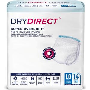 Dry Direct Super Overnight Underwear, Soft Cloth-Like Adult Diapers, Overnight Disposable Incontinence Protection - Large (Pack of 14)