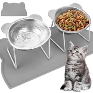 Elevated Cat Bowls, 2 Pack Raised Cat Food Water Bowls with Non-Slip Placemat, 15 Tilted Stand Anti Vomiting Stainless Steel Pet Food Feeding Dishes Plate for Cats Kitten Puppies Dogs Small Animals