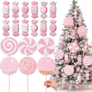 Roowest 18 Pcs 13.78'' Pastel Large Candy Christmas Decorations Giant Lollipop Tree Decorations with Sticks Candy Cane Christmas Ornaments Pink and White Xmas Hanging Decor for Birthday Party Wedding