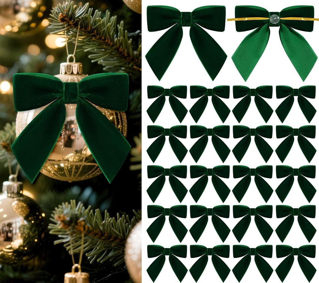 30 Pcs Velvet Bows for Christmas Tree, Pre-Tied Christmas Bows with Twist Ties & Adhesive Dots Vintage Xmas Decor for Garland Wreath Gift Packaging(3 x 3 Inch, Width of 1", Dark Green)