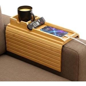 Couch Cup Holder & Bamboo Armrest Tray Foldable Non-Slip Sofa Arm Table for Drinks, Snacks, Remote Control & Phone