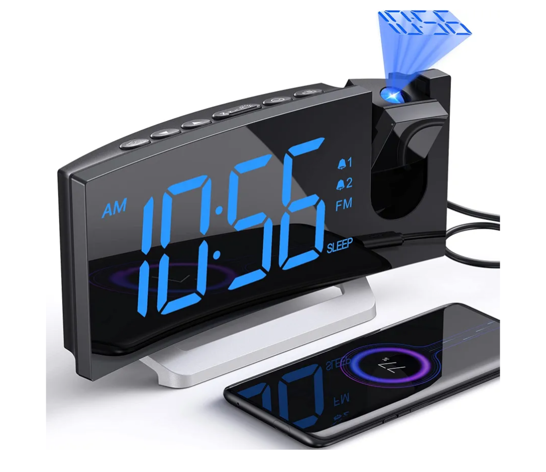 Projection Alarm Clock with FM Radio, USB Charging Port, 0-100% Dimmer, Dual Alarms, HD LED Display, 30 Preset Stations, Sleep Timer, 5 Alarm Sounds, Snooze, Curved Screen, Digital Clock for Bedroom
