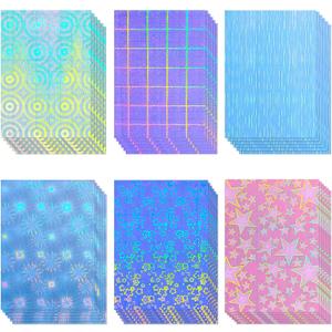 Clabby 36 Sheets Holographic Sticker Paper A4 Vinyl Holographic Laminate Sheets Self Adhesive Waterproof Transparent Film, 11.7 x 8.3 inches(Line,Lattice,Firework,Gear,Flower,Pentagram)