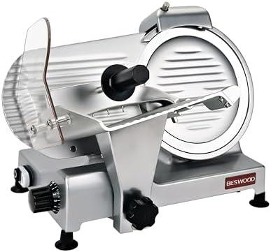 BESWOOD 10" Premium Chromium-plated Steel Blade Electric Deli Meat Cheese Food Slicer with Serving Plate Commercial and for Home use 240W Classic Silver
