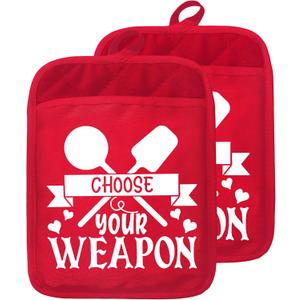 Funny Christmas Kitchen Pot Holders with Pockets, Choose Your Weapon Red Holiday Christmas Oven Pot Holders Heat Resistant Oven Mitts Hot Pads for Kitchen Baking Cooking