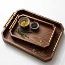 Luxury Decorative Wooden Serving Trays, Dark Brown Hexagonal Design with Gold Handles, 18x12 in/13.7x8.8 in, Modern Ottoman Tray Set of 2 for Coffee Table, Bar, Home Decor, Serving
