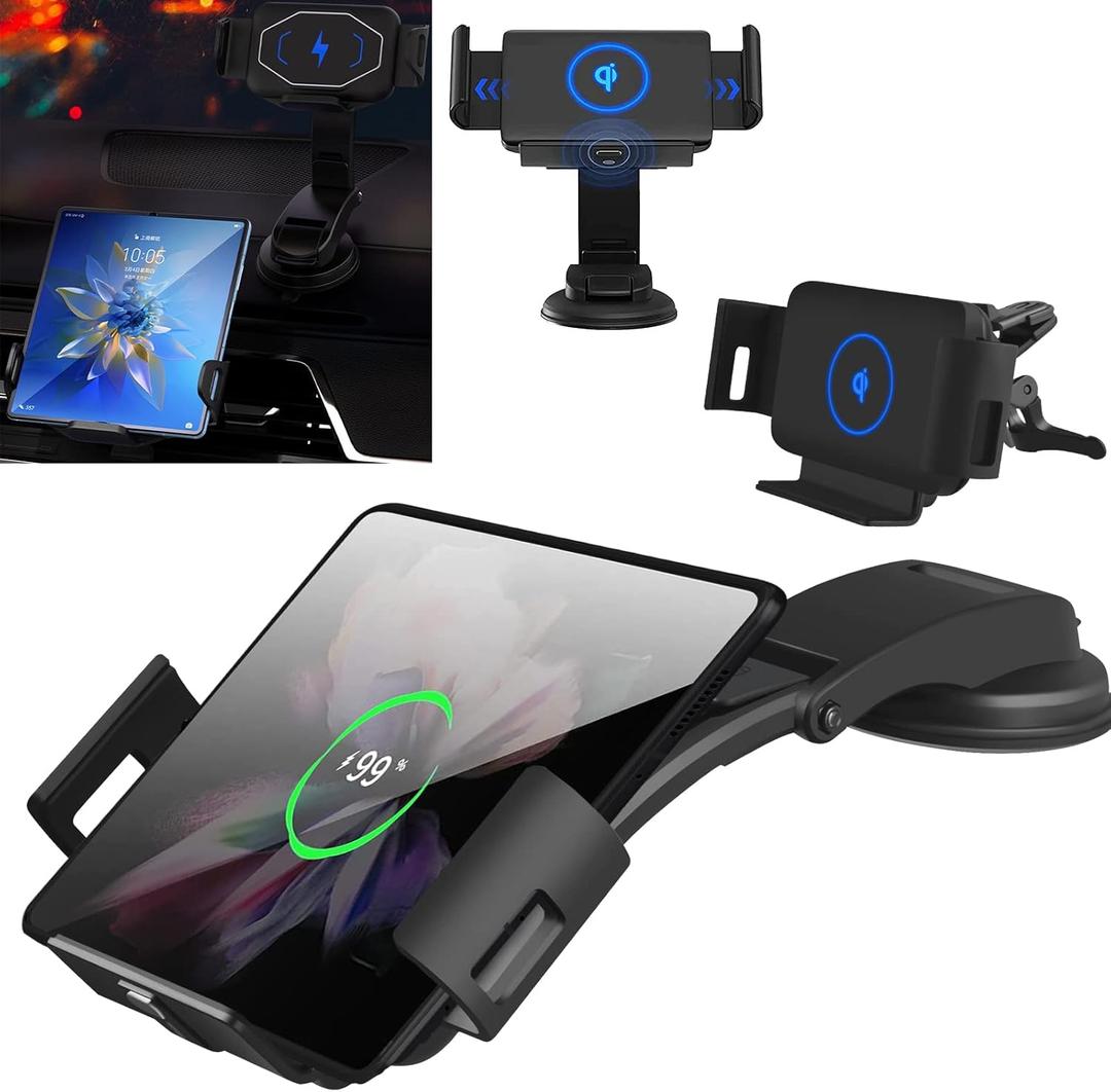 Wireless Car Charger Clamp Compatiable for iPhone 16/15/14 Series, Samsung Galaxy Z Fold 6/5/4/3/2, Z Fold, 4.4-8 inches Cell Phones Adjustable Air Vent Phone Holder USB C 10W