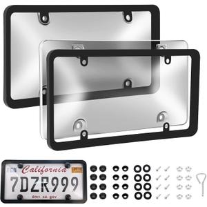 Transparent License Plate Cover and Frames, 2Pack Grey Clear Front and Rear License Plate Holder with Screws & Caps, Unbreakable Car Licence Plate Frame, Universal Fit for Most US Plates