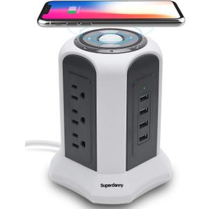 10ft Power Strip Tower Wireless Charger SUPERDANNY Surge Protector Extension Cord 10A 9-Outlet 4.5A 4 USB Electrical Charging Station Universal Socket for Laptop Phone White and Gray 