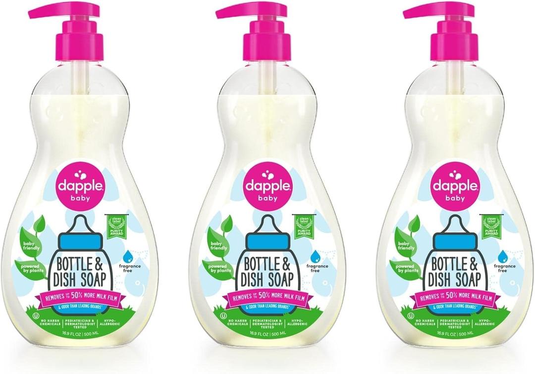 Dapple Baby Bottle Soap, Hypoallergenic Dish Soap for Baby Bottles, Powered by Plants, 1 Pump Included, Fragrance Free, 16.9 Fl Oz (Pack of 3)
