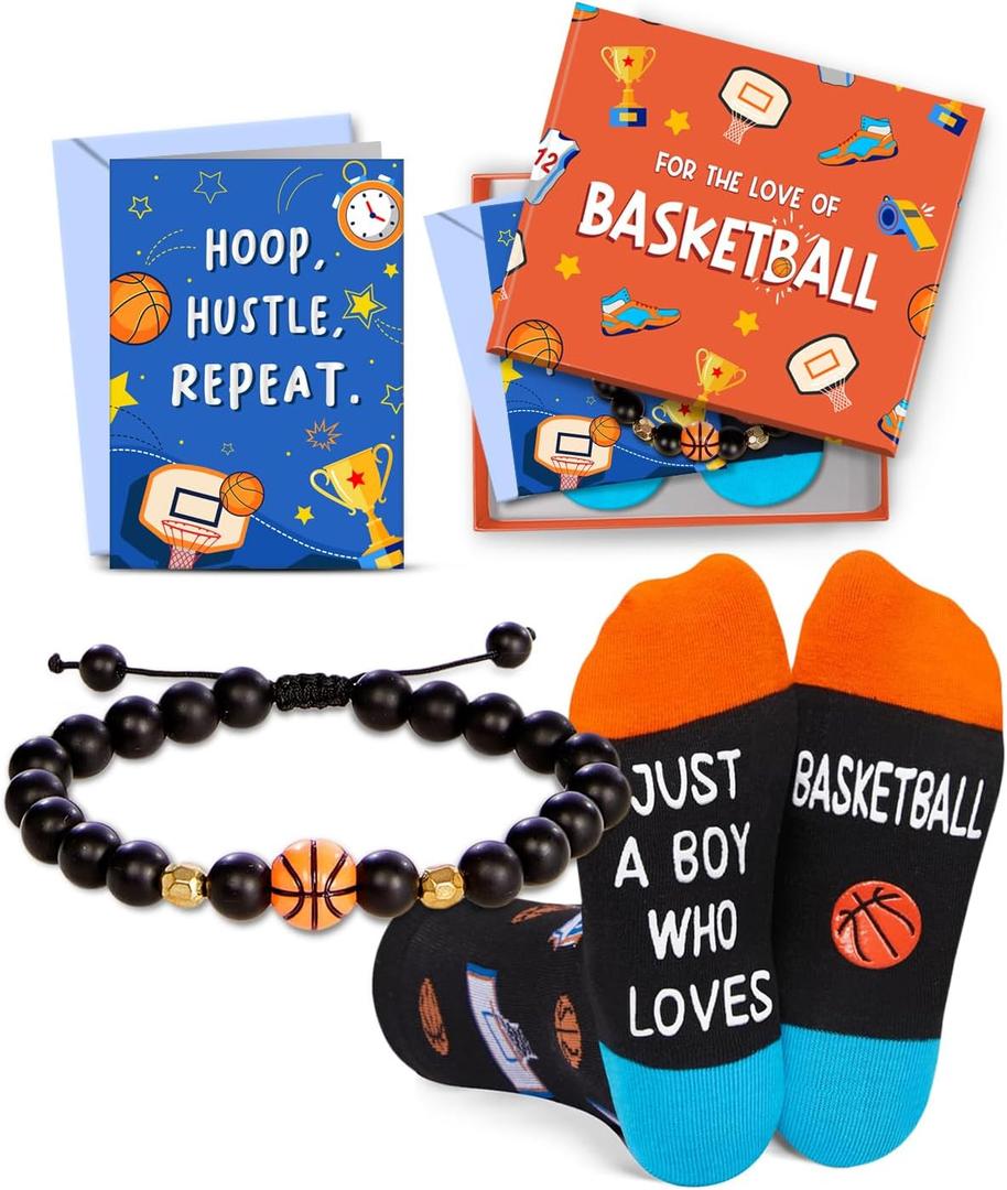 HAPPYPOP Basketball Gift Box for Boys - Funny Socks & Bracelet with Greeting Card, Cool Sports Gifts for Son, Grandson, Nephew, Ages 10-12