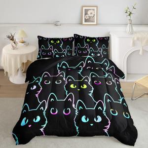 Axolotl Kids Bedding Cartoon Cat Comforter Set Queen Size, Gradient Line Cute Cat Bedding Set for Teens Kids Boys Girls Adults Room Decor, Kids Comforter Set All Season,1 Comforter 2 Pillow Cases, Black