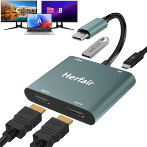 Herfair HDMI Splitter for Dual Monitors Extended Display 1 in 2 Out 4K USB C to 2 HDMI Adapter Extender for MacBook Laptop Support All Mode for Windows & ABB Extend/Mirror Mode for MacOS