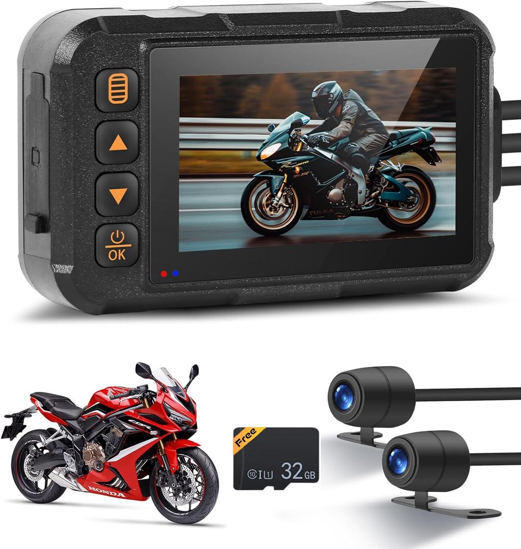 Dual Channel Dash Cam for Motorcycle, 3" HD IPS Screen, 720P Front and 480P Rear, Parking Monitoring, G-Sensor, Motion Sensing, Loop Recording, IP67 & HDR, for All Motorcycles
