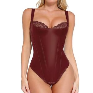 Popilush Leather Corset Tops for Women Tummy Control Shapewear Lace Tank Tops Faux Leather Thong Body Shaper, Medium