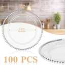 Hoolerry 100 Pack Clear Charger Plates Bulk 13 Inch Acrylic Round Dinner Charger Plates Beaded Frosted Grain Dinner Decorative Dishes for Wedding Party Events Home Kitchen Tabletop(Sliver,Beads) (Silver)