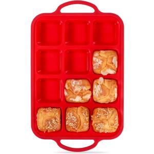 1 Pc Square Brownie Pan With Dividers Mini Silicone Brownie Pan for Baking Individual Nonstick 12 Cups Square Muffin Cupcake Pans with Metal Reinforced Frame (Red)