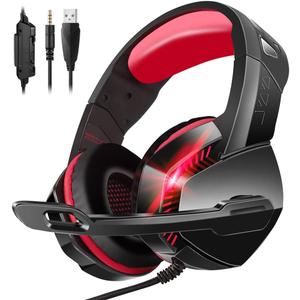 PHOINIKAS PS4 Gaming Headset with 7.1 Surround Sound, PC Headset with Noise Canceling Mic & LED Light, H3 Over Ear Headphones for Nintendo Switch, PS5, Xbox One, Laptop (Red)