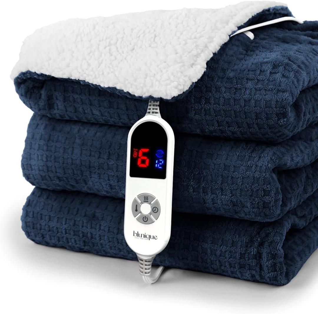 blunique Heated Blanket Electric Throw Waffle, 50x60 Inches Sherpa Fleece Fast Heating Blanket 6 Heating Levels & 4 Hours Auto Off ETL Certification, Navy Throw