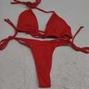 Tainehs Women's Sexy Halter Thong Bikini Tie Two Sides Bottom Triangle Bikini Swimsuits (Red Ribbed, XS)