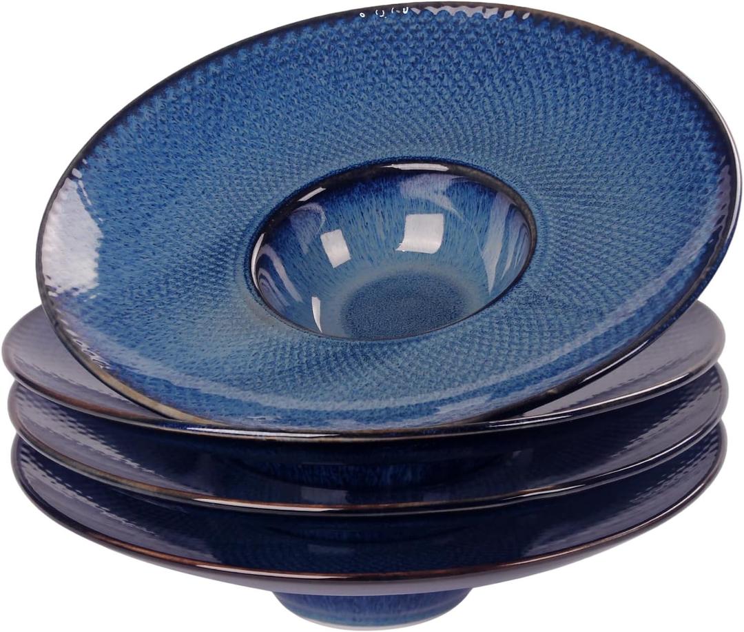 Soup Bowls, Soup Plates, 5.1 oz, Porcelain Pasta Bowl Set of 4, Wide Edge Shallow Bowl Plates, Rimmed Bowls with Rim, Best Choice for High-End Restaurants and Foodies,Royal Blue 9.8 Inch