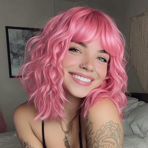 Pink Wig with Bangs Short Bob Wigs for Women 14 Inch Pastel Pink Bob Wigs Synthetic Wavy Curly Cosplay Wig Shoulder Length Short Wavy Wigs for Girls Daily Party Costume Colorful Wigs