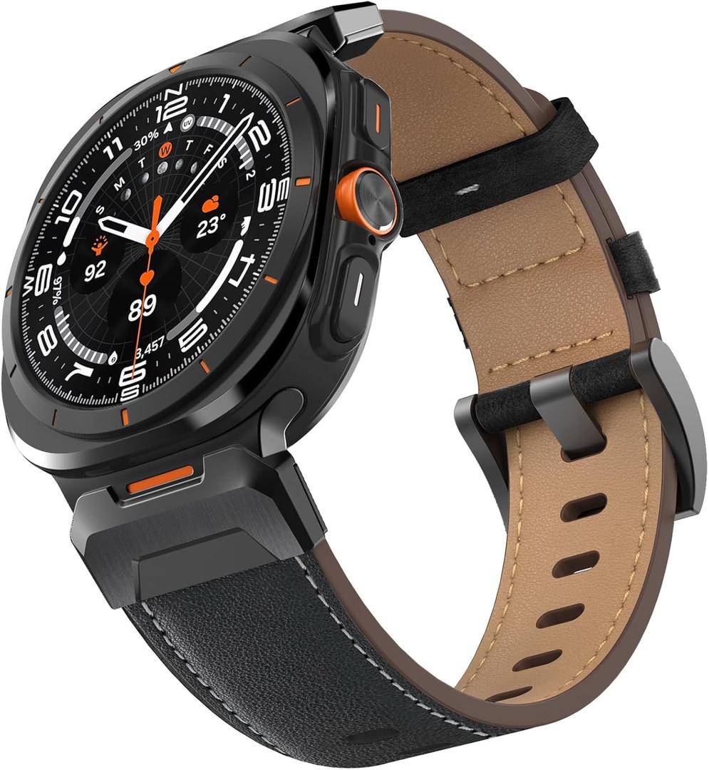 Compatible with Samsung Galaxy Watch Ultra Bands 47mm (2024) Men Women, No Gap Wide Rugged Strap with One Click Stainless Steel Connectors for Samsung Galaxy Watch Ultra (Leather-Black/Black)