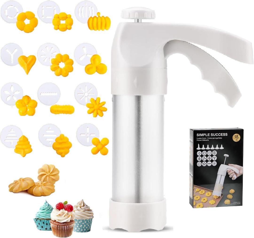 Cookie Press Gun Kit, Spritz Cookie Press, Cookies Maker, Stainless Steel and Plastic, with 12 Cookies Discs and 6 Nozzles for Baking Biscuit Making and Cake Decoration