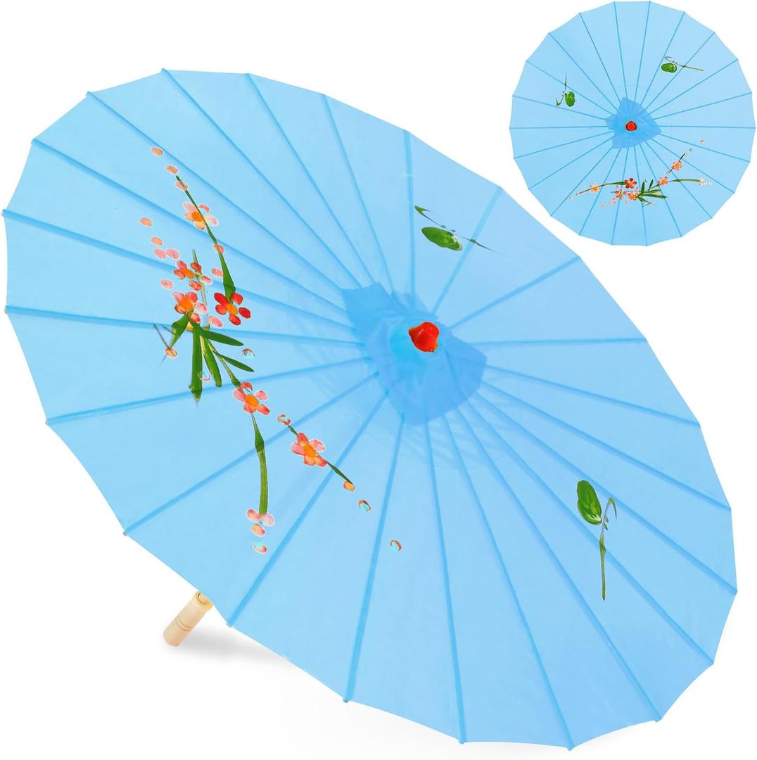 33" Blue Flower Silk Cloth Decoration Handmade Parasol Umbrella Chinese Japanese Asian DIY Art Dance Classical Umbrella for Wedding Parties Photography Costumes Cosplay (Blue)