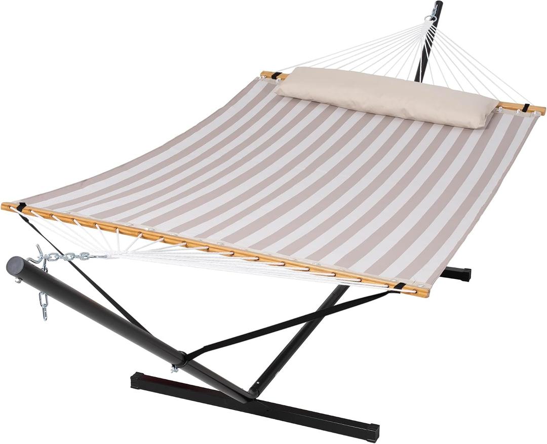 SUNCREAT Double Hammock with Stand Included, Outdoor Portable Hammock with Stand, Light Gray Stripes