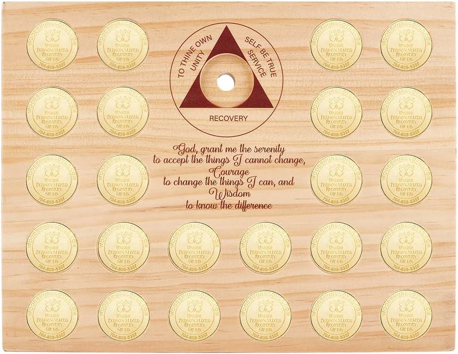 PH PandaHall Pine Wood Coin Display Coin Holder Stand Holds 25 Sobriety Medallions Displays Case Sober Recovery Chips Organizer Boards for Women Men Collectors Medallion Storage Inspirational Gift