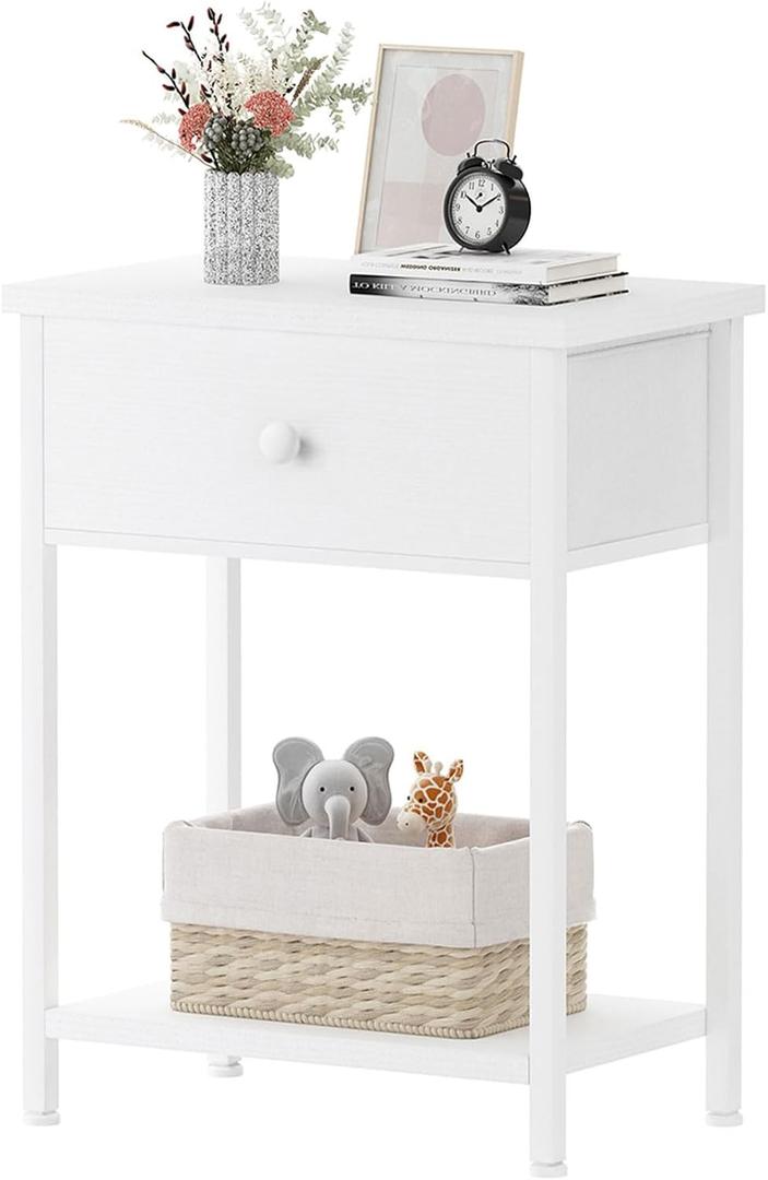 White Nightstand with Fabric Drawer, Night Stand with Open Shelf for Dorm Bedroom End Table Modern