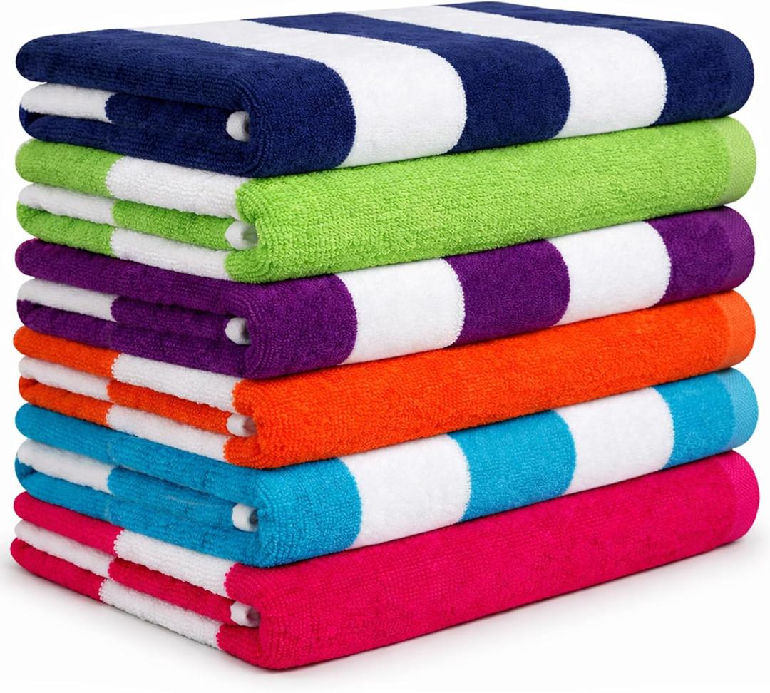 BolBom*S Beach Towels 6 Pack Large 30x60-100% Cotton Beach & Pool Towels Bulk Cabana Stripe - Quick Dry Bath Towel Set for Swim, Beach Essentials, Bathroom, Hot Tub, Yoga, Hotel & Airbnb Guests