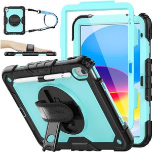 SEYMAC stock Case for iPad (A16) 11th/10th Generation 11''/10.9'' 2025/2022, Full-Body Drop Protection Case with Screen Protector &360 Rotate Hand Strap/Stand, Brightblue+Black