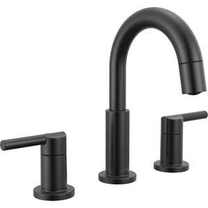Delta Nicoli Matte Black Bathroom Faucet with Sprayer, 8 Inch 3 Hole Widespread Bathroom Sink Faucet with Pull Out Sprayer, Push-Pop Drain, Matte Black 35749LF-BLPD