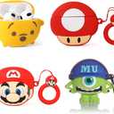 (4Pack) Case for AirPods 3rd Generation Earbuds (2022), XMBYGY Silicone Charging Case Protective Cover with Cute Cartoon Skin Design for AirPods 3, with Carabiner (CTMrQ+RDWN+Mario+Mushroom)