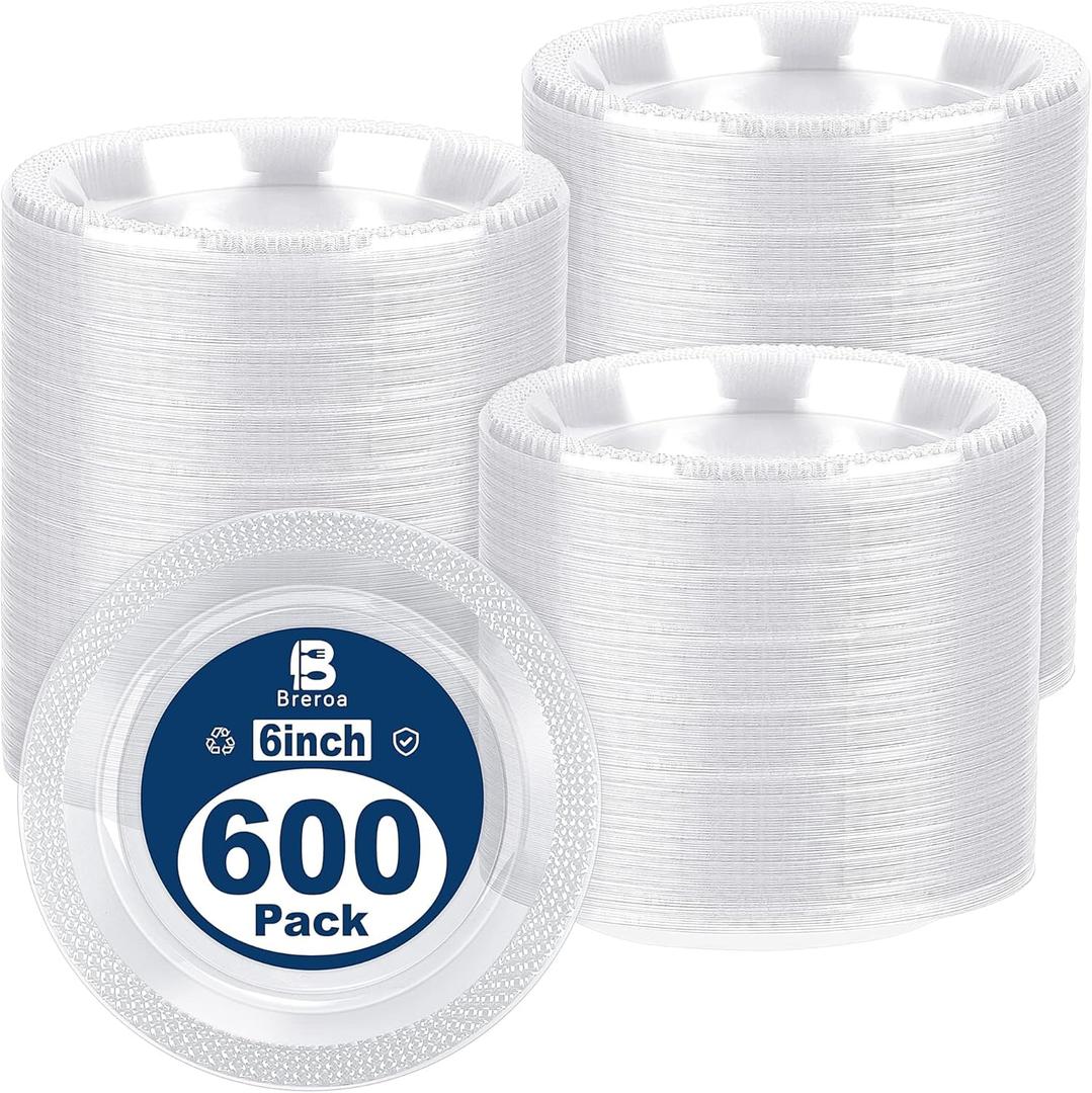 Breroa 600 Pieces Clear Plastic Plates 6 Inch Disposable Round Dessert Plates Heavy Duty Appetizer Dinner Party Plate for Events Buffet Wedding Baby Shower Graduation Birthday Party Supplies