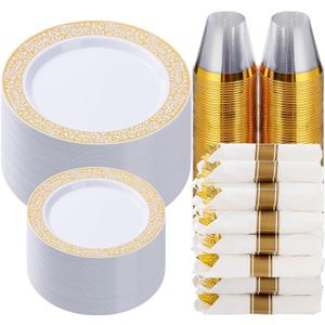 Goodluck 350 Piece Gold Plastic Dinnerware Set for 50 Guests, Disposable Lace Plates for Thanksgiving, Include: 50 Gold Plates, 50 Dessert Plates Disposable, 50 Pre Napkins with Silverware, 50 Cups