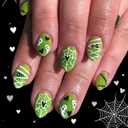 Halloween Press on Nails Short Almond False Nails with Love Spider Web Design Cute Ghost Fake Nails Glossy Full Cover Green Glue on Nail Reusable Holiday Stick on Nail for Women Girls Manicure 24Pcs