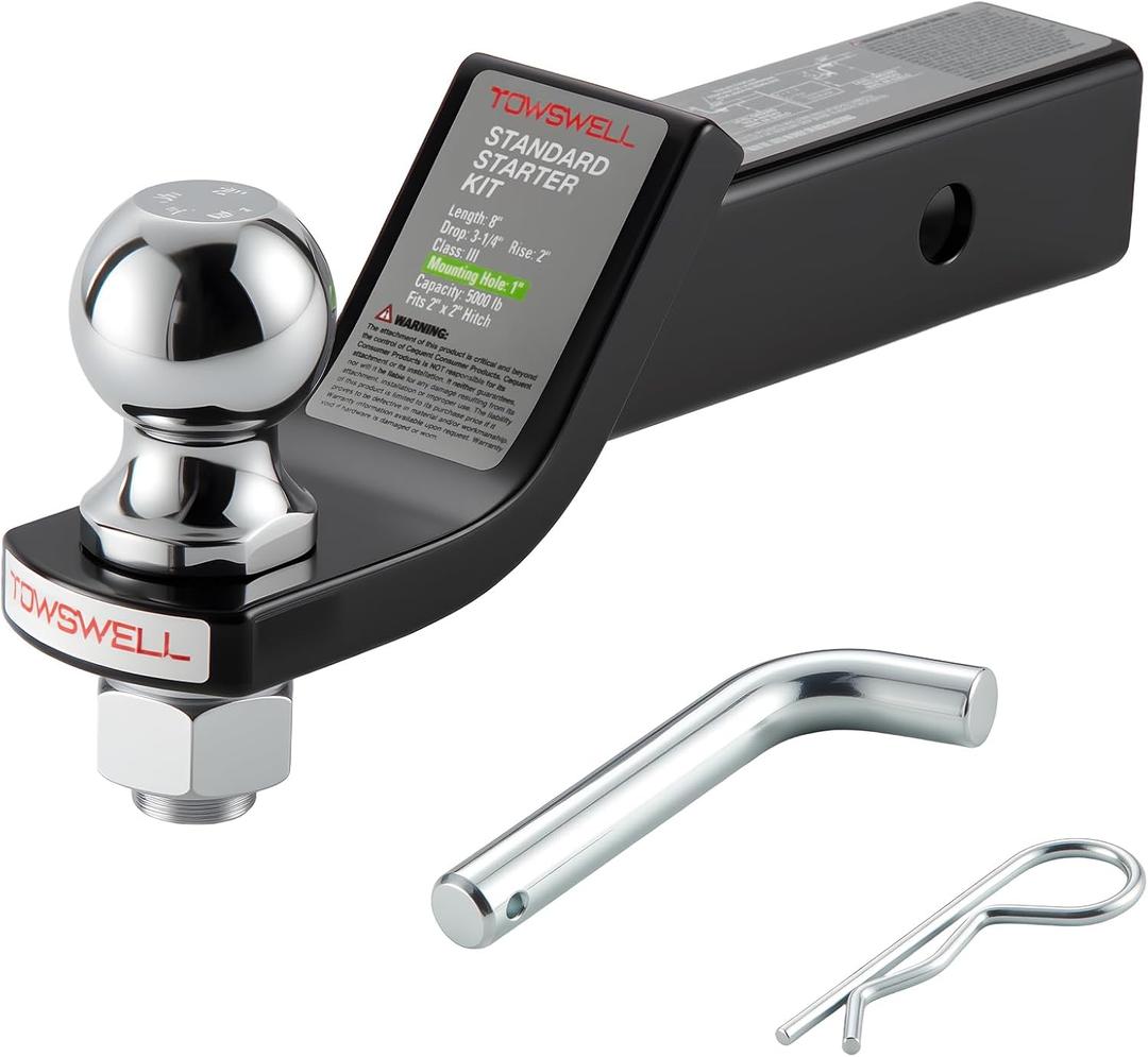 Trailer Hitch Ball Mount with 2 inch Ball & 5/8" Pin, Hollow Tube, 5000 lbs Max Gross Trailer Weight and 500lbs Max Tongue Weight, 2 Inch Drop, Black