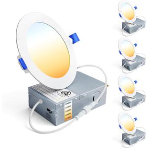Ensenior 4 Pack 4 Inch LED Recessed Light, Dimmable, 2700K-5000K 5CCT, 750LM High Brightness, 9W 120V, Damp Rated, Ultra-Thin Canless Wafer Ceiling Light - ETL & FCC & IC