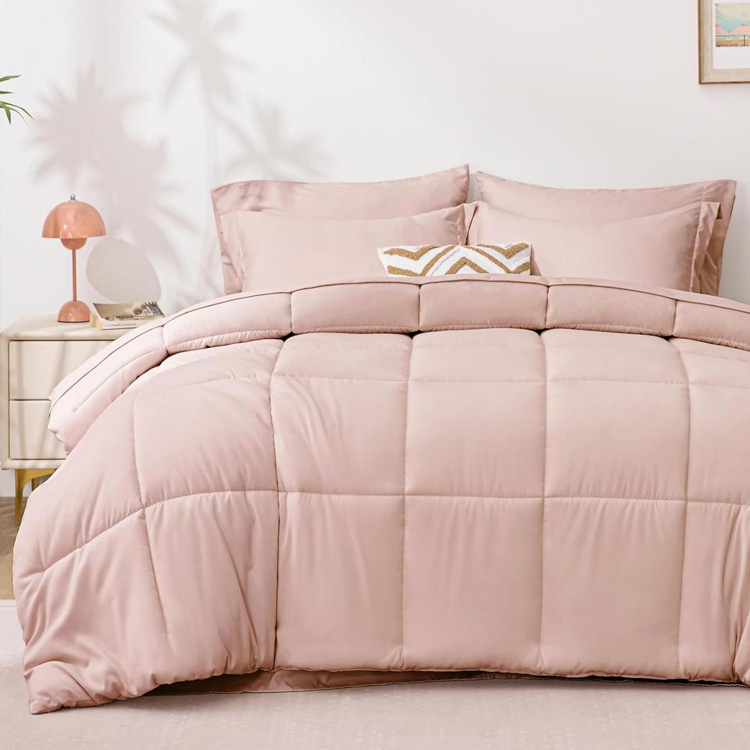 Love's Cabin Queen Comforter Set Blush Pink, 7 Pieces Queen Bed in a Bag, All Season Bedding Sets with 1 Comforter, 1 Flat Sheet, 1 Fitted Sheet, 2 Pillowcase and 2 Pillow Sham | Soft, Breathable, Lightweight, Comfortable