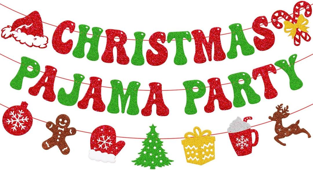 Christmas Pajama Party Banner Funny Christmas Party Decorations Xmas Festival Merry Friendsmas Winter Holiday Happy New Year Party Supplies